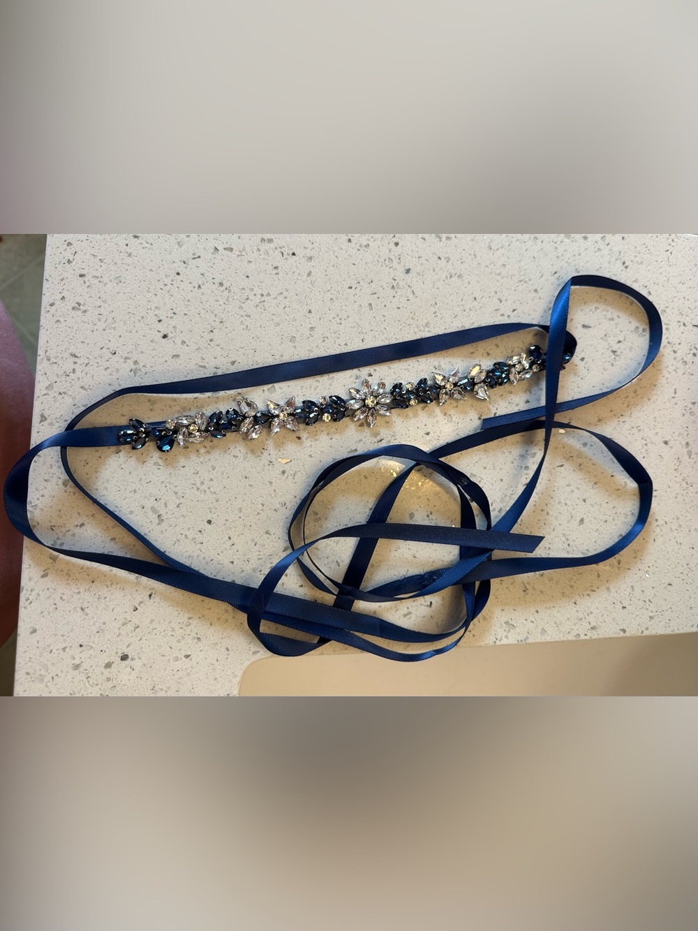 Navy Crystal Ribbon Waist Belt - Unbranded